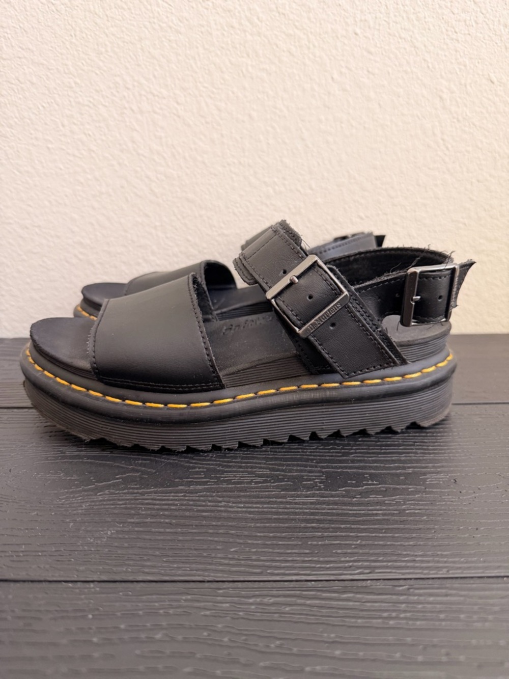 Dr. Martens Black Leather Platform Sandals with Yellow Stitching - Picture 3 of 4